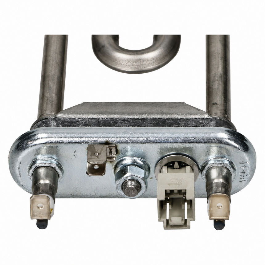 A galvanized steel electric heating element assembly with two vertical tubes, a top loop, a central terminal, and a small connector, shown on a white background