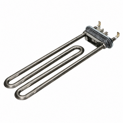 A stainless steel U-shaped heating element coil with a black insulated terminal housing and two gold-toned metal pins, shown on a plain white background.