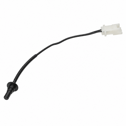 A black automotive sensor with a curved wire leading to a white plastic multi-pin connector, shown on a plain white background.