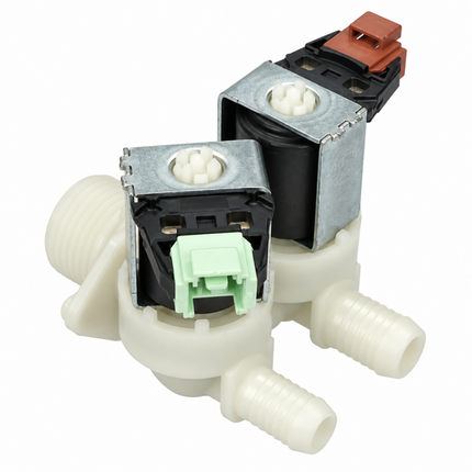 A dual-inlet water supply valve assembly with white plastic bodies, galvanized metal housings, black internal components, a light green connector, and a red switch.
