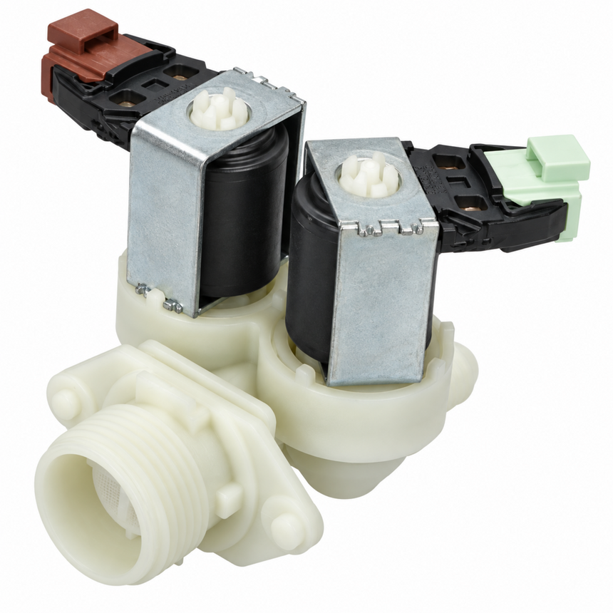 A dual-inlet water dispenser or coffee maker component with two black and silver solenoid valves mounted on a cream-colored plastic base, featuring a brown switch on one side and a light green connector on the other, isolated on a white background.
