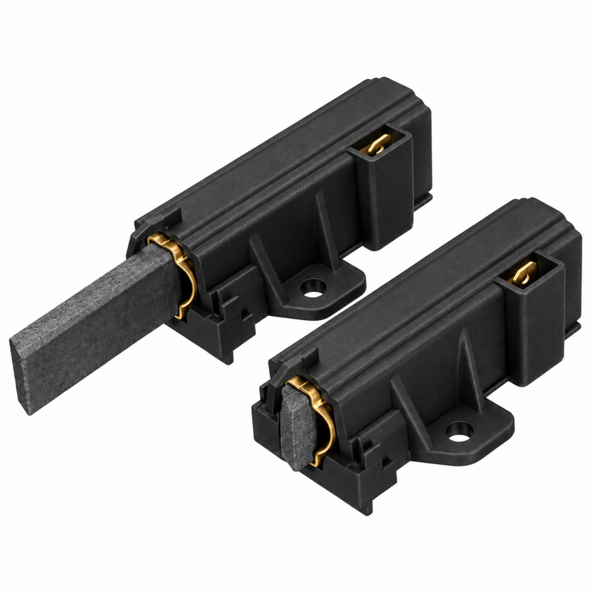 Two black plastic magnetic door stoppers with gold-toned metal clips and dark gray textured pads, shown on a plain white background.
