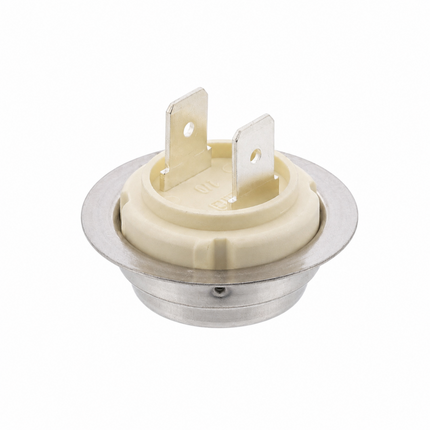 A small electrical terminal block or connector with a cream-colored plastic top and two silver metal prongs, set against a plain white background.
