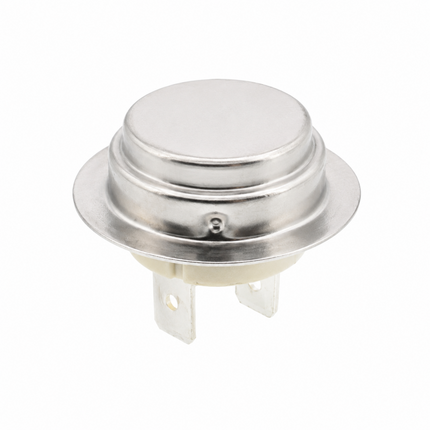 A small round metallic electrical component with a silver-colored metal top and two flat terminal leads at the bottom, shown on a plain white background.