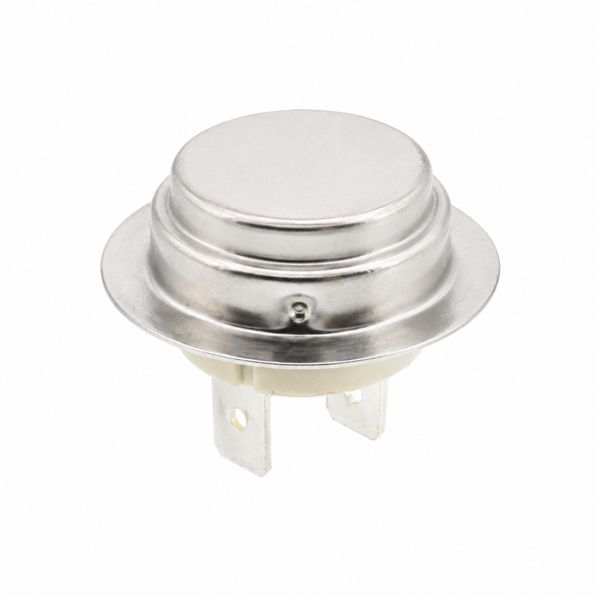 A small round metallic electrical component with a silver-colored metal top and two flat terminal leads at the bottom, shown on a plain white background.