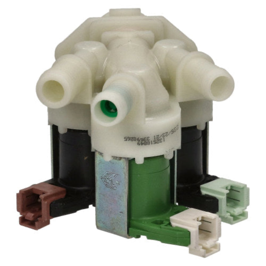 Mechanical component with various ports and connectors on a white background