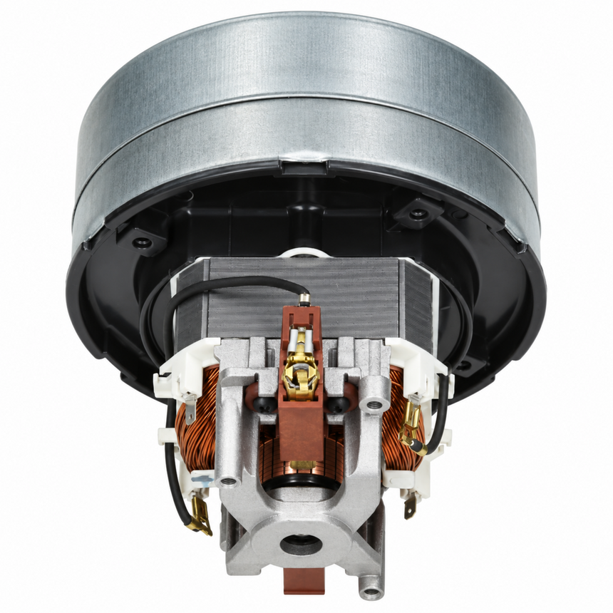 A close-up studio shot of a small electric motor or dynamo with a brushed silver metal outer ring, black internal housing, copper windings, and silver metal core components on a plain white background.