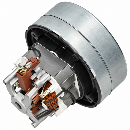 A brushed metal electric motor with copper windings and internal electrical components, isolated on a white background.