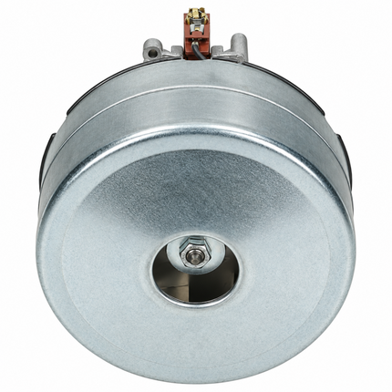 A round galvanized steel motor or pump housing with a central opening and a small copper terminal at the top, shown on a plain white background.