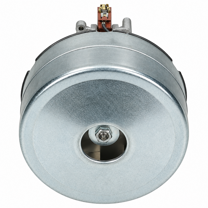 A round galvanized steel motor or pump housing with a central opening and a small copper terminal at the top, shown on a plain white background.