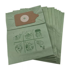 Stack of green vacuum cleaner bags with a brown filter on a white background