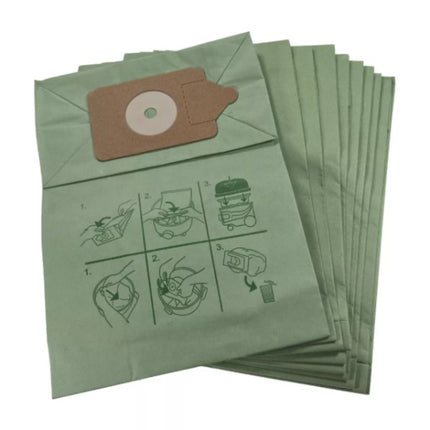 Stack of green vacuum cleaner bags with a brown filter on a white background
