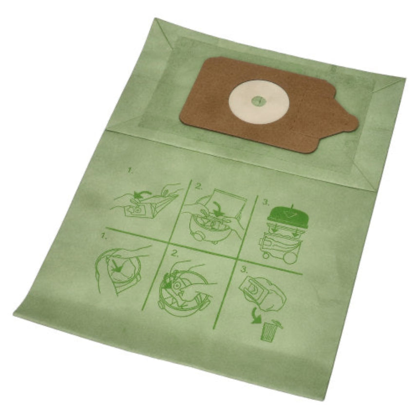 Green dust bag with illustrations and a brown filter on a white background