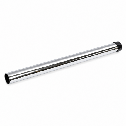 A polished chrome metal rod with a black end cap, shown diagonally on a plain white background.