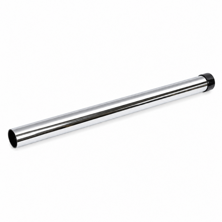A polished chrome metal rod with a black end cap, shown diagonally on a plain white background.
