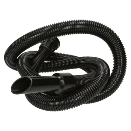 Coiled black vacuum hose on a white background