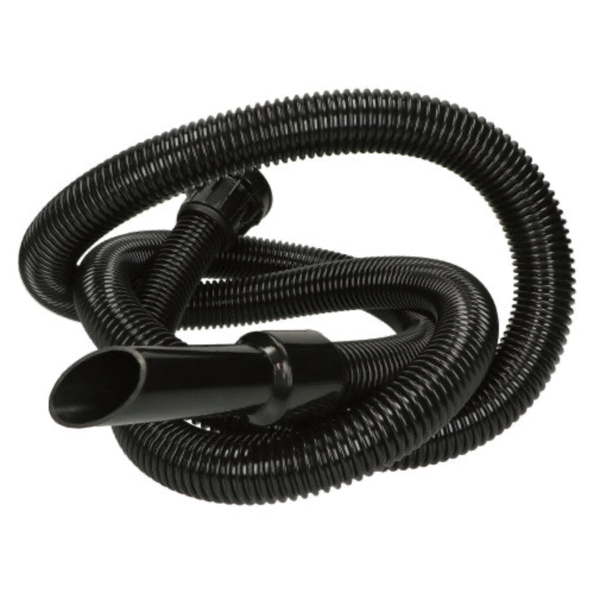Coiled black vacuum hose on a white background