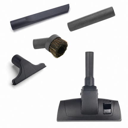 Set of vacuum attachments including a brush, nozzle, and other tools on a white background