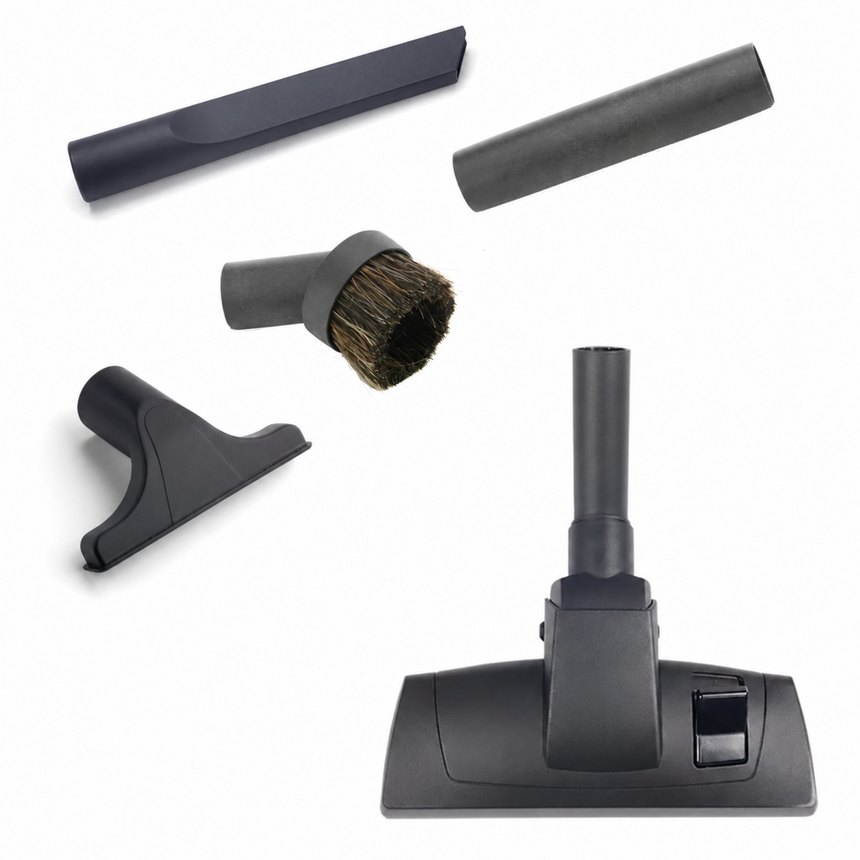 Set of vacuum attachments including a brush, nozzle, and other tools on a white background