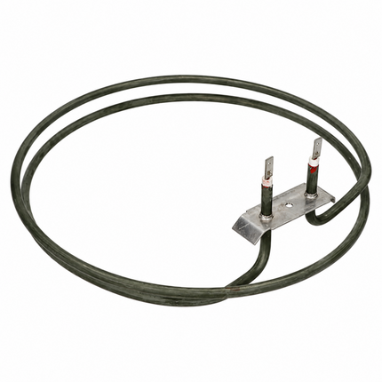 Angled view of circular fan oven heating element with green heating coil, metal bracket and two terminal connectors
