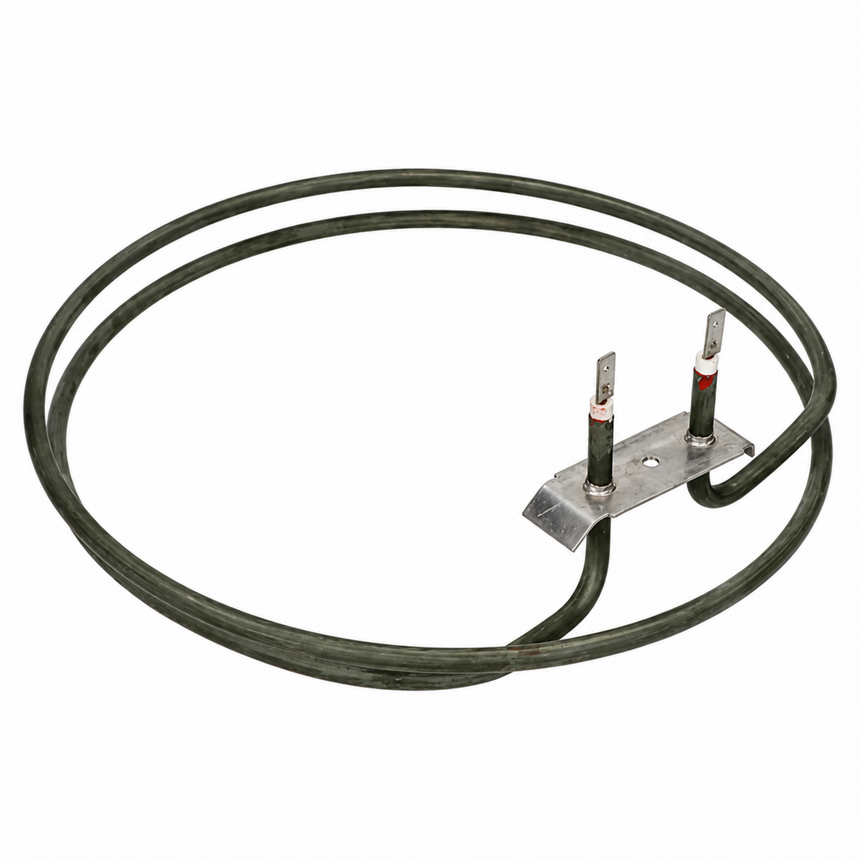 Angled view of circular fan oven heating element with green heating coil, metal bracket and two terminal connectors