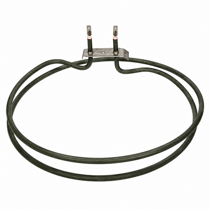 Round oven heating element with circular twin coil, metal mounting plate and electrical terminals on white background