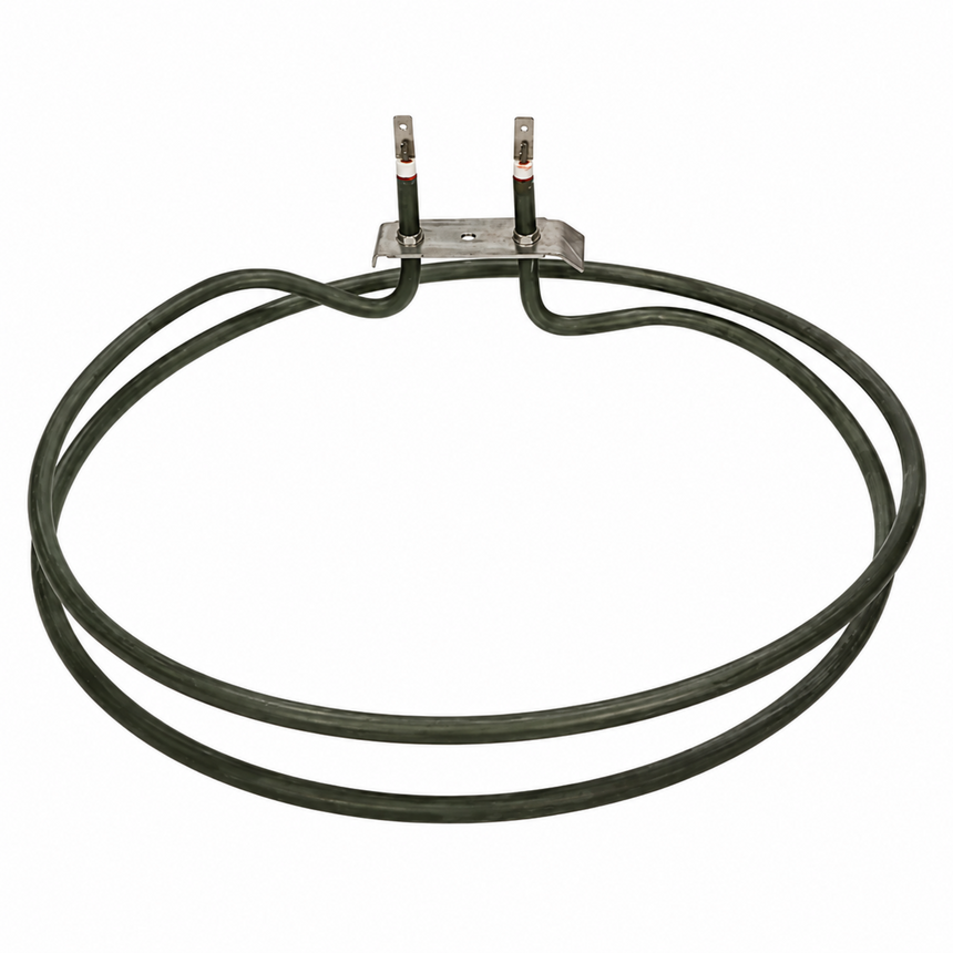 Round oven heating element with circular twin coil, metal mounting plate and electrical terminals on white background