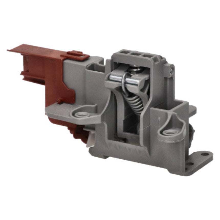 Mechanical component with gray and red parts on a white background