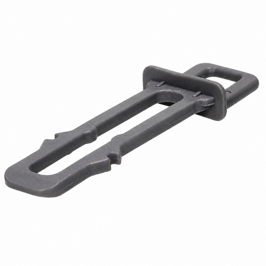A dark gray plastic replacement part with a U-shaped design and a rectangular loop at the top, shown on a plain white background.