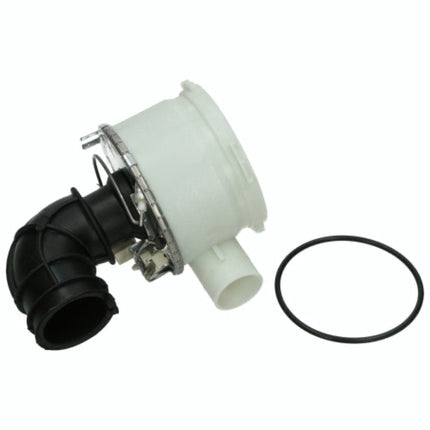 A white plastic and black plastic plumbing or drainage component with a metal flange, shown alongside a black rubber O-ring on a plain white background.