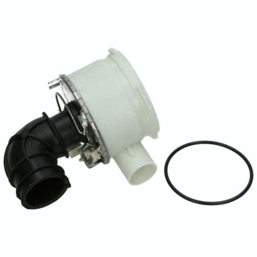 A white plastic and black plastic plumbing or drainage component with a metal flange, shown alongside a black rubber O-ring on a plain white background.