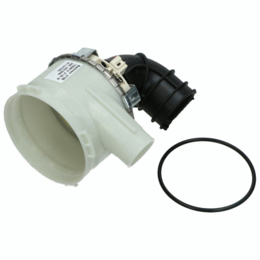 A plastic plumbing fitting assembly with a white main body, black elbow section, metal clamp, and a separate black O-ring on a white background.