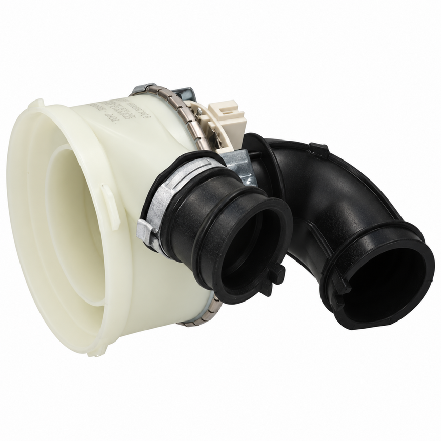 A plastic plumbing pipe fitting assembly with a cream-colored sink drain body, a black elbow pipe section, and metal clamp hardware, shown on a plain white background.