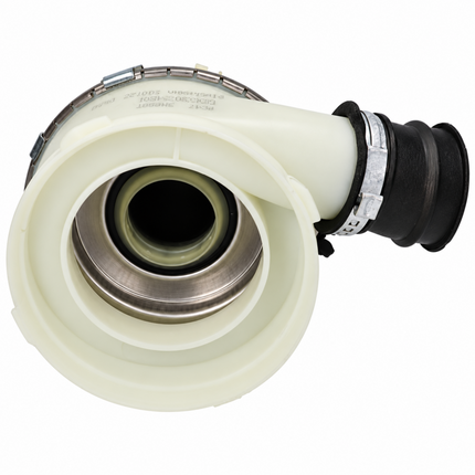 A replacement industrial pipe fitting with a cream-colored plastic body, a black rubber sleeve with a silver metal clamp, and a stainless steel inner tube.