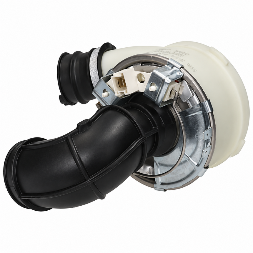 A replacement kitchen sink drain assembly featuring a curved black flexible pipe, a white plastic drain body, and a silver metal flange with mounting brackets, shown on a solid white background.