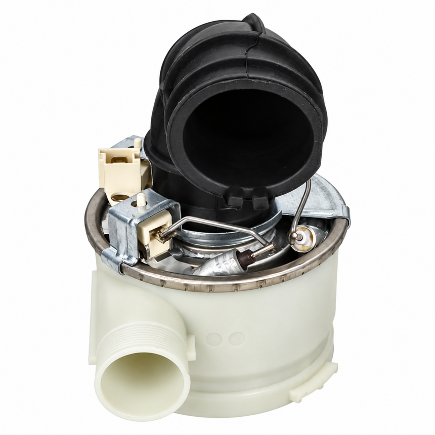 A water heater thermopistil valve assembly, featuring a black corrugated rubber intake tube, a white plastic base, a silver metal flange, and a brass electrical connector, isolated on a white background.