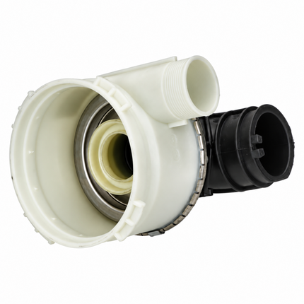 A white plastic and black plastic plumbing fitting or pipe connector with threaded ends, shown on a solid white background.