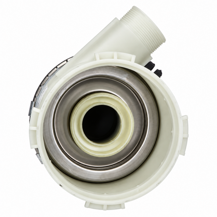 A white plastic plumbing fitting or pipe connector with a threaded male end and a flanged metal inner ring, shown on a plain white background.