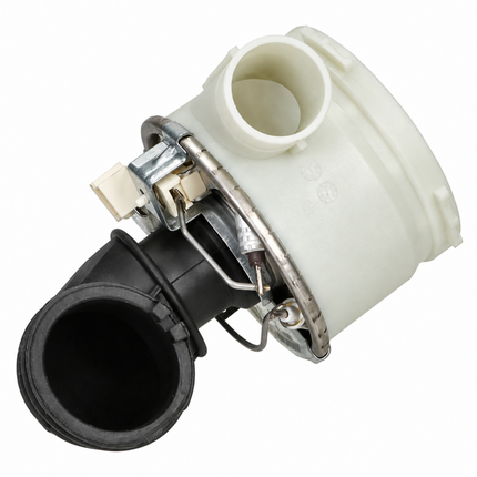 A plastic and metal plumbing fitting or valve component with a white body, black pipe connection, and silver metal clamp hardware, isolated on a white background.