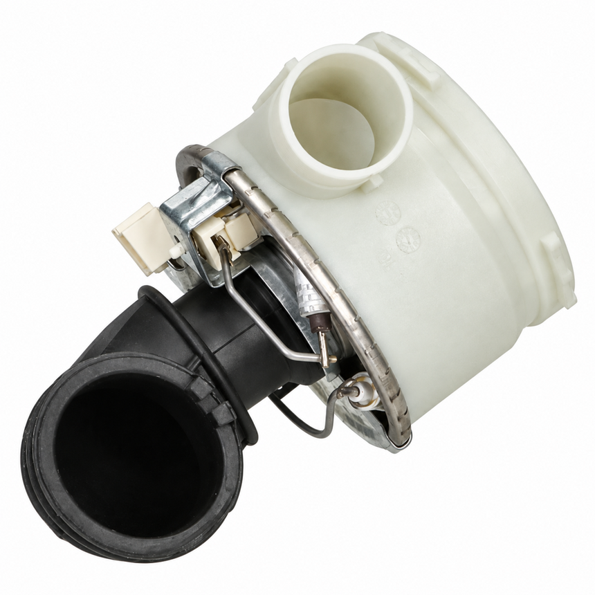 A plastic and metal plumbing fitting or valve component with a white body, black pipe connection, and silver metal clamp hardware, isolated on a white background.