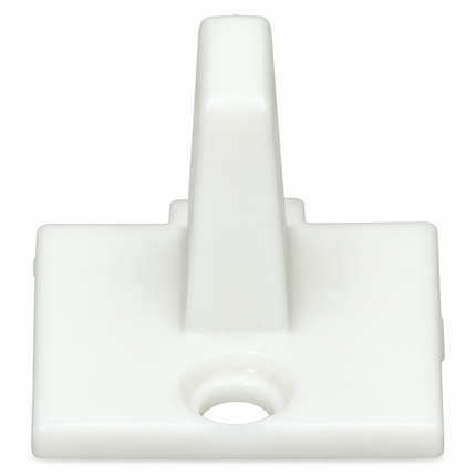 A white plastic T-shaped hook or peg with a square base and a circular hole in the front, shown on a solid white background.