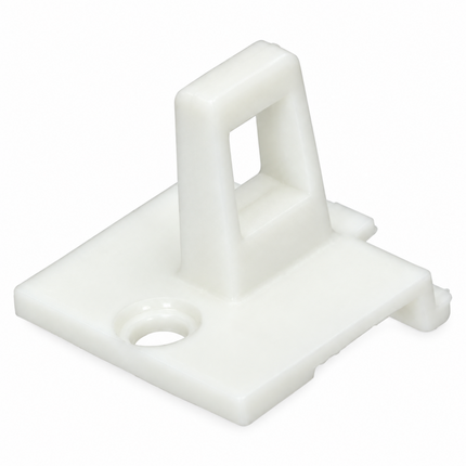 A white plastic mounting bracket or clip with a square-shaped loop and a circular hole on its base, shown on a plain white background.