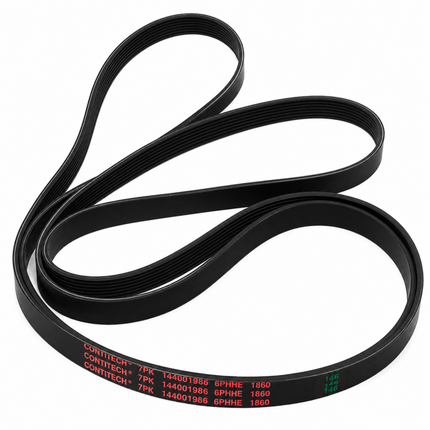 Black belt with visible brand and model information on a white background
