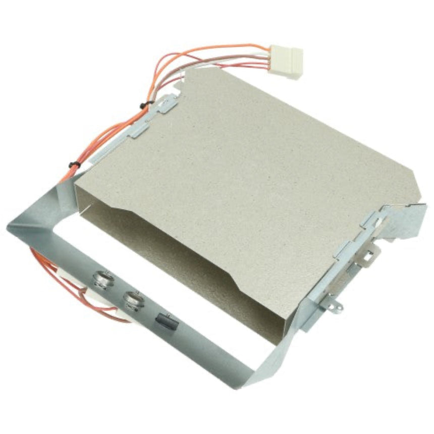 Electrical component with beige insulating material and metal frame on a white background