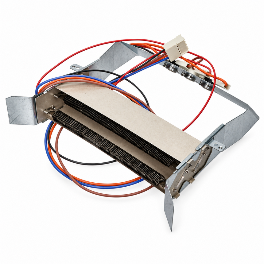 An industrial metal heat exchanger coil assembly with multiple colored wires (red, blue, orange, black) and a white connector, shown on a solid white background.