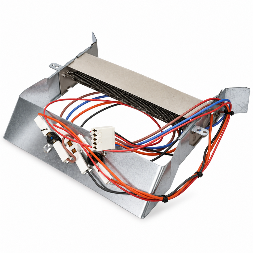 A metal appliance heating element assembly with a silver galvanized steel housing, a black ribbed heating coil, and multiple colored wires including orange, blue, red, black, and white, shown on a white background.