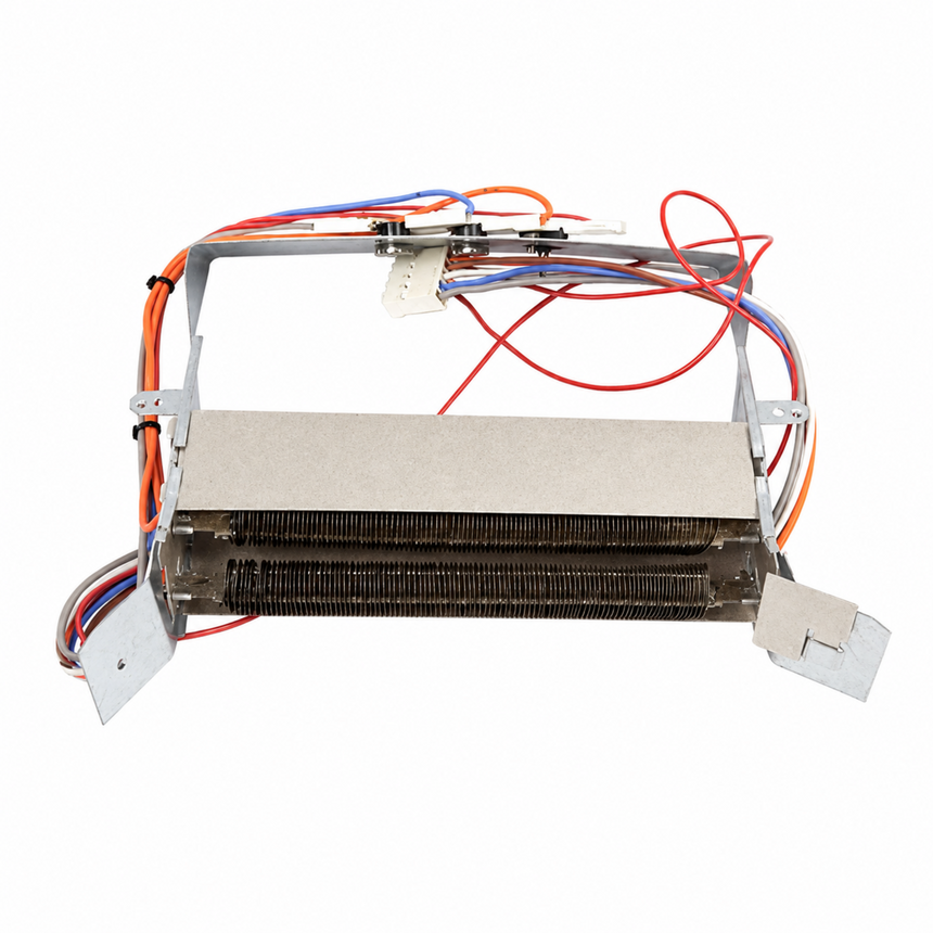 A metal heat exchanger coil assembly with a silver aluminum body, black fins, and multiple colored wires including orange, blue, red, and white, shown on a plain white background.