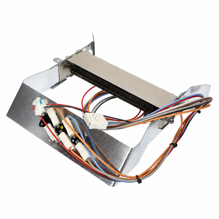 A metal appliance control panel or wiring assembly with multiple colored wires, connectors, and a black ribbed component, photographed on a plain white background.