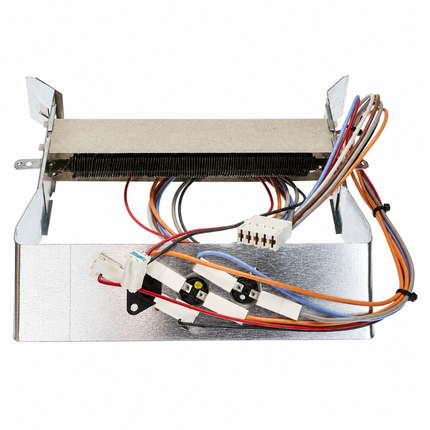 A metal heating element assembly with a black ribbed coil, silver metal casing, and multiple multicolored wires with white connectors, shown on a white background.