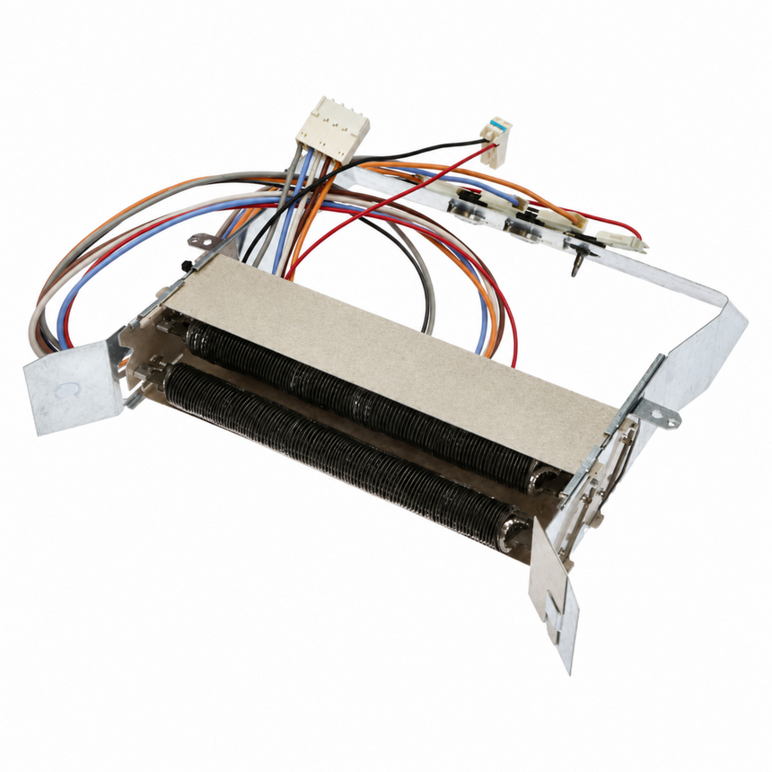 A replacement appliance part featuring a black ribbed metal heat exchanger coil, a beige filter element, silver metal brackets, and a bundle of multicolored wires with a white connector.
